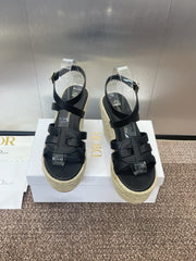 D-CLUB 25S HIGH HEEL WEDGE 100MM IN BLACK CALFSKIN RAFFIA SOLE