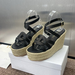 D-CLUB 25S HIGH HEEL WEDGE 100MM IN BLACK CALFSKIN RAFFIA SOLE