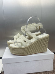 D-CLUB 25S HIGH HEEL WEDGE 100MM IN WHITE CALFSKIN RAFFIA SOLE