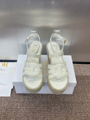 D-CLUB 25S HIGH HEEL WEDGE 100MM IN WHITE CALFSKIN RAFFIA SOLE