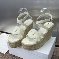 D-CLUB 25S HIGH HEEL WEDGE 100MM IN WHITE CALFSKIN RAFFIA SOLE