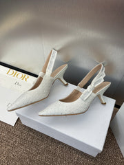 J'ADIOR SLINGBACK 25S PUMP 65MM IN WHITE FABRIC EMBOSSED CRYSTAL