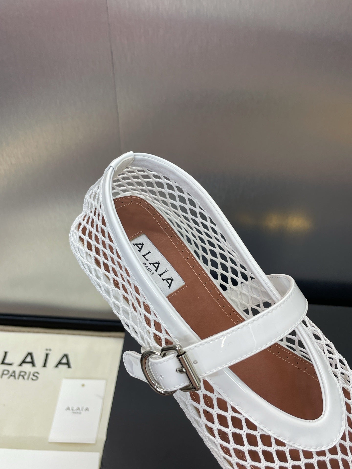 ALAIA MARY JANE FLAT 25S IN WHITE MESH CALFSKIN