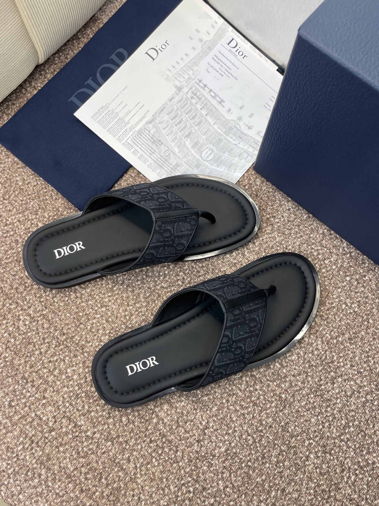 DIOR 25S ALIAS THONG SANDAL IN NAVY BLACK CALFSKIN AND CANVAS