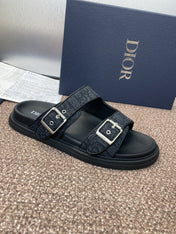DIOR 25S DIORACT SLIDE IN BLACK CALFSKIN AND CANVAS SILVER HARDWARE