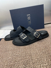 DIOR 25S DIORACT SLIDE IN BLACK CALFSKIN AND CANVAS SILVER HARDWARE