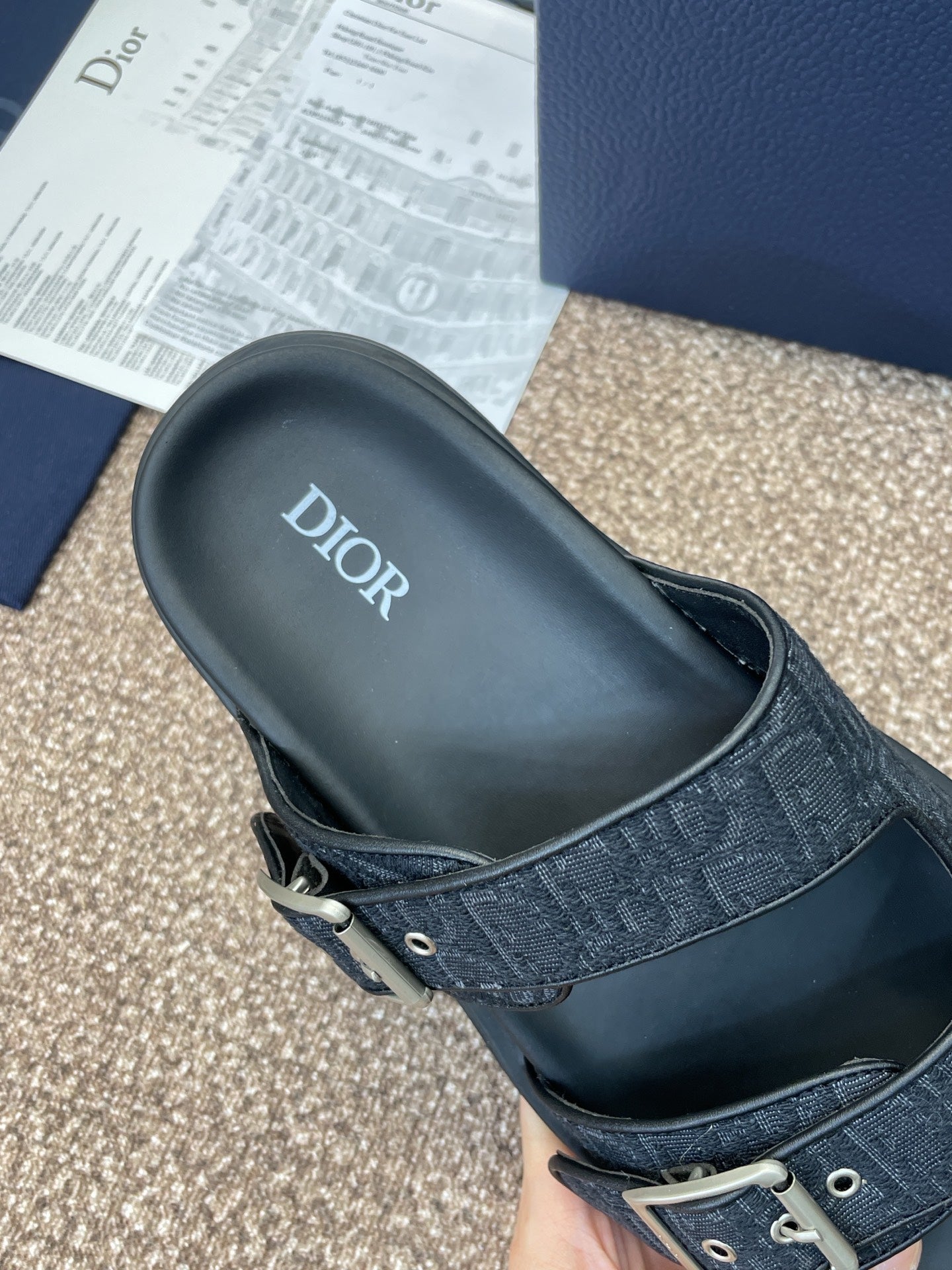DIOR 25S DIORACT SLIDE IN BLACK CALFSKIN AND CANVAS SILVER HARDWARE