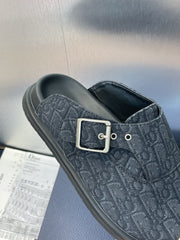 DIOR 25S AQUA MULES WITH OBLIQUE PATTERN IN DARK BLUE CANVAS