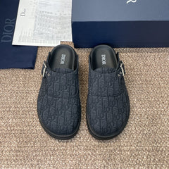 DIOR 25S AQUA MULES WITH OBLIQUE PATTERN IN DARK BLUE CANVAS