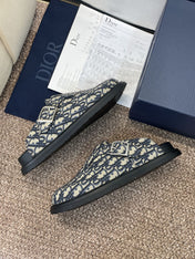 DIOR 25S AQUA MULES WITH OBLIQUE PATTERN IN DEEP BLUE CANVAS