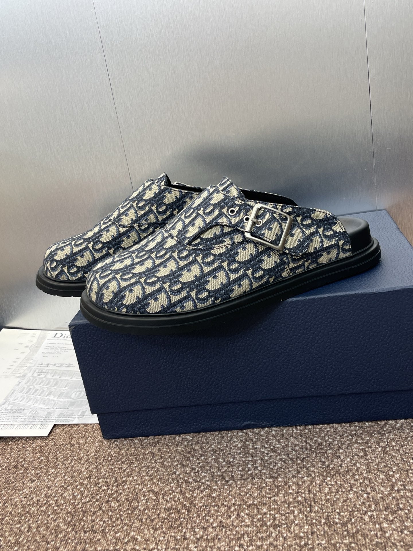 DIOR 25S AQUA MULES WITH OBLIQUE PATTERN IN DEEP BLUE CANVAS