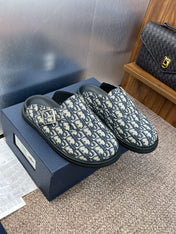 DIOR 25S AQUA MULES WITH OBLIQUE PATTERN IN DEEP BLUE CANVAS