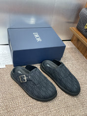 DIOR 25S AQUA MULES WITH OBLIQUE PATTERN IN DARK BLUE CANVAS