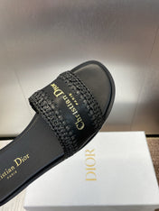 DIOR 25S D-LANE SLIDE BLACK CALFSKIN AND BLACK BRAIDED RAFFIA