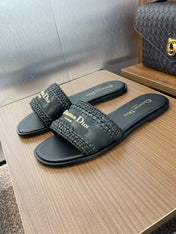 DIOR 25S D-LANE SLIDE BLACK CALFSKIN AND BLACK BRAIDED RAFFIA