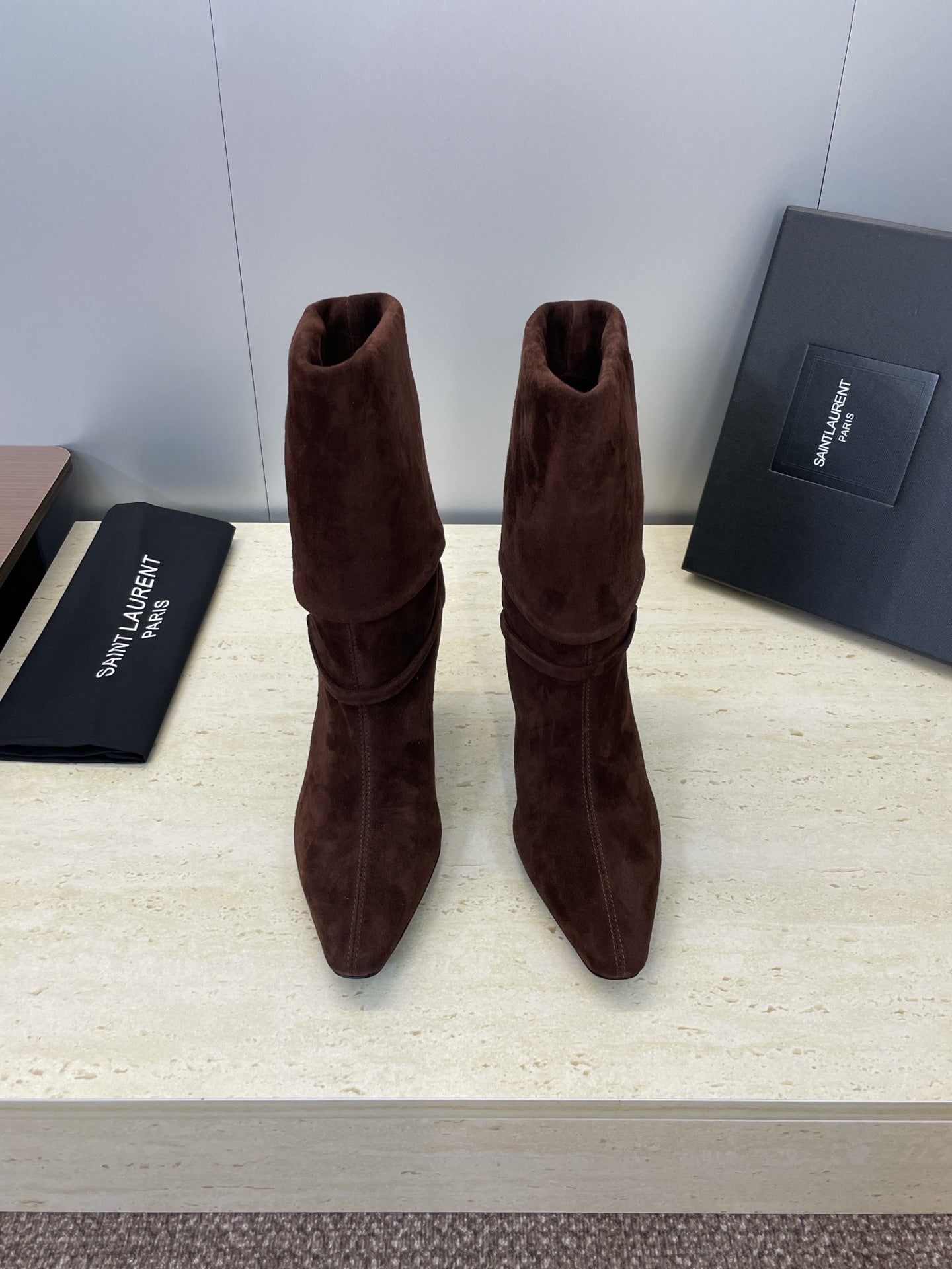 YSL 25S NIKI POINTED-HEEL ANKLE BOOTS 95 MM IN DARK BROWN SUEDE WITH GOLD HARDWARE