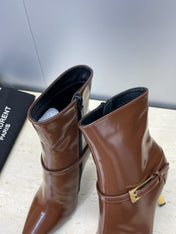 YSL 25S POINTED-TOE HIGH-HEEL ANKLE BOOTS 95 MM IN BROWN LAMBSKIN WITH GOLD HARDWARE