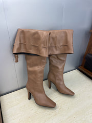 YSL 25S HIGH‑HEEL FRINGED MARTIN BOOTS 90 MM IN CHESTNUT BROWN LAMBSKIN