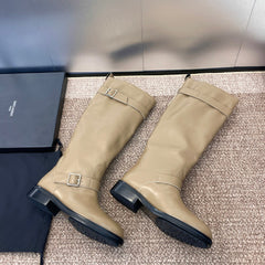 YSL 25S KNEE-HIGH BOOTS 30 MM IN BEIGE LAMBSKIN WITH SILVER HARDWARE