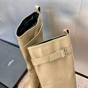 YSL 25S KNEE-HIGH BOOTS 30 MM IN BEIGE LAMBSKIN WITH SILVER HARDWARE