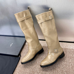 YSL 25S KNEE-HIGH BOOTS 30 MM IN BEIGE LAMBSKIN WITH SILVER HARDWARE
