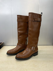 YSL 25S KNEE-HIGH BOOTS 30 MM IN BROWN LAMBSKIN WITH SILVER HARDWARE