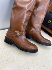 YSL 25S KNEE-HIGH BOOTS 30 MM IN BROWN LAMBSKIN WITH SILVER HARDWARE