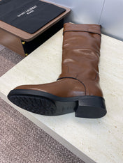 YSL 25S KNEE-HIGH BOOTS 30 MM IN BROWN LAMBSKIN WITH SILVER HARDWARE