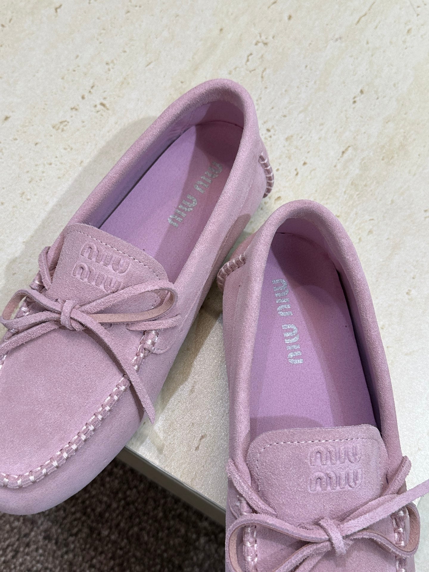 MIUMIU 26S LOAFERS IN LIGHT PURPLE SUEDE WITH BOW