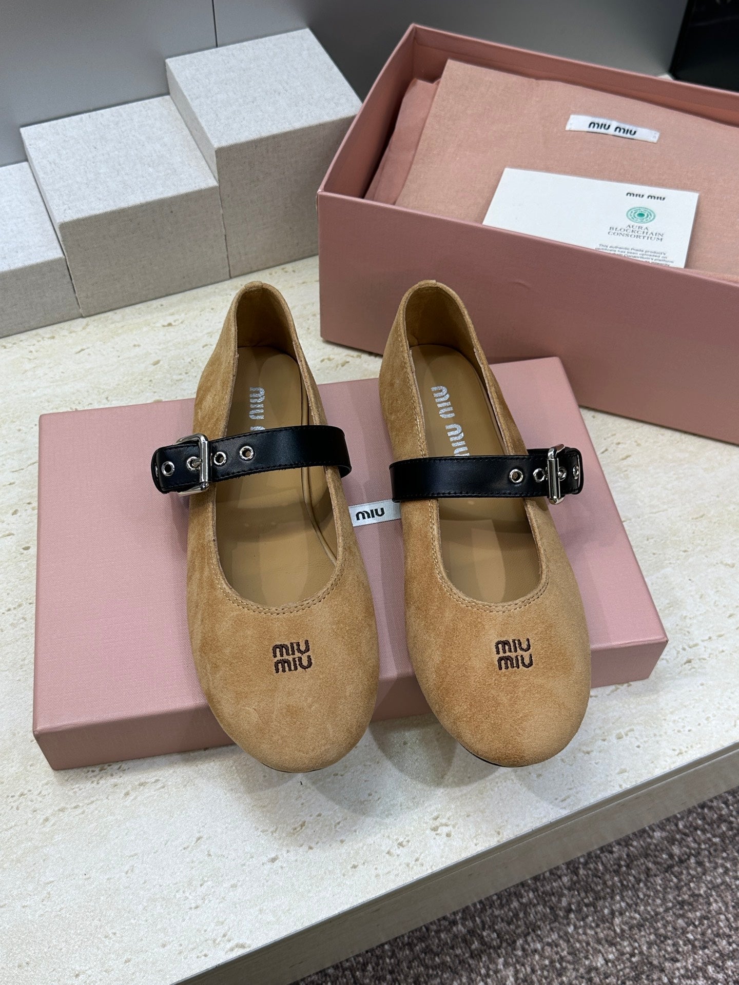 MIUMIU 26S MARY JANE FLATS IN TAN BROWN SUEDE WITH BUCKLE STRAP CALFSKIN