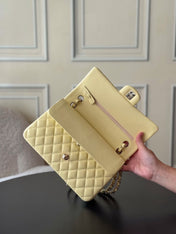 CHANEL 25S CLASSIC FLAP BAG 25 CM IN PALE BEIGE YELLOW LAMBSKIN WITH GOLD HARDWARE