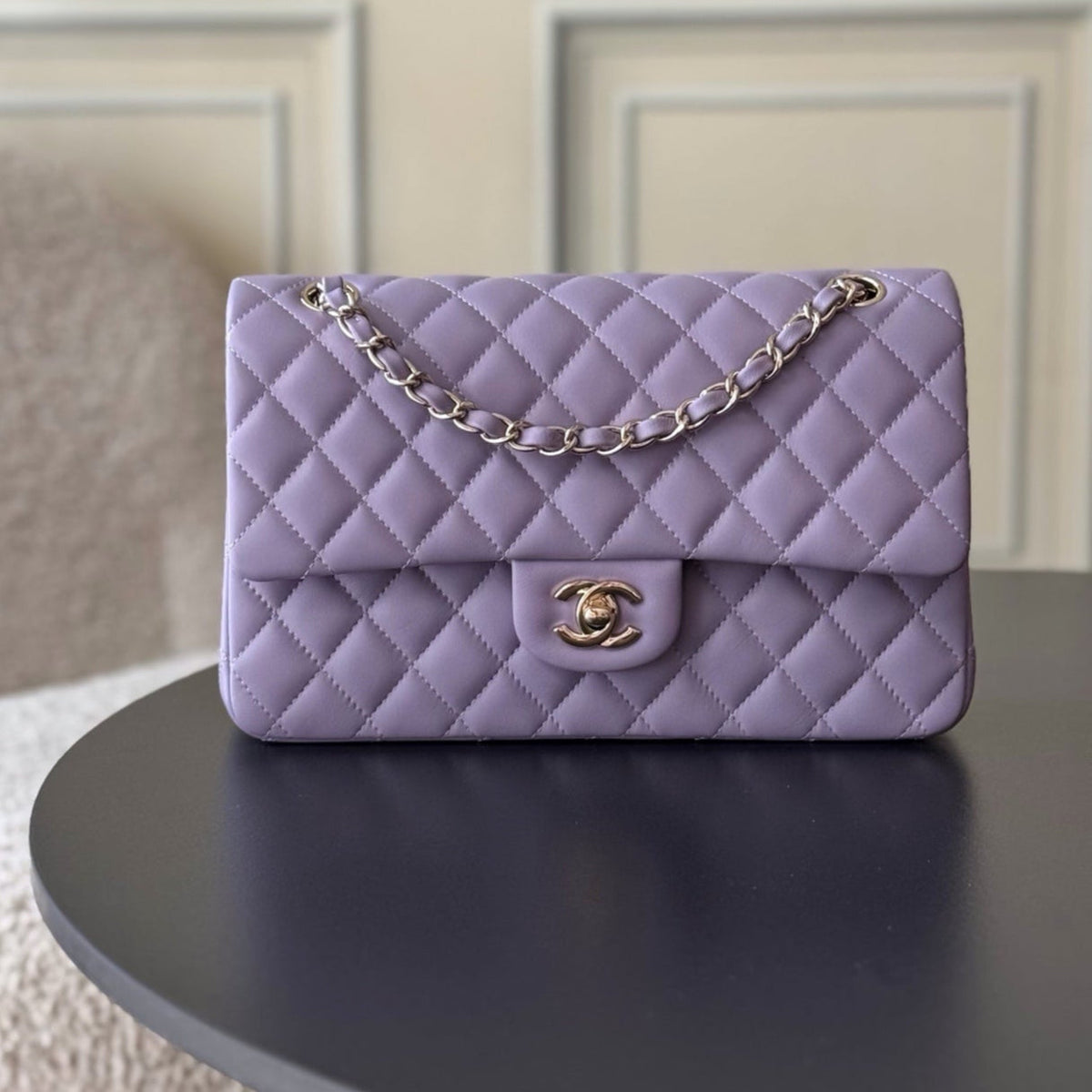 CHANEL 25S CLASSIC FLAP BAG 25 CM IN LIGHT PURPLE LAMBSKIN WITH GOLD HARDWARE