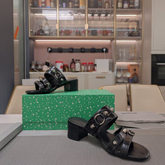 STRAPPY MEDIUM HEELED SANDALS IN BLACK STUDDED WAX-OIL SHEEPSKIN