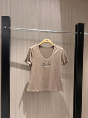 CC Hand-beaded Coco letter U-neck T-shirt Cotton