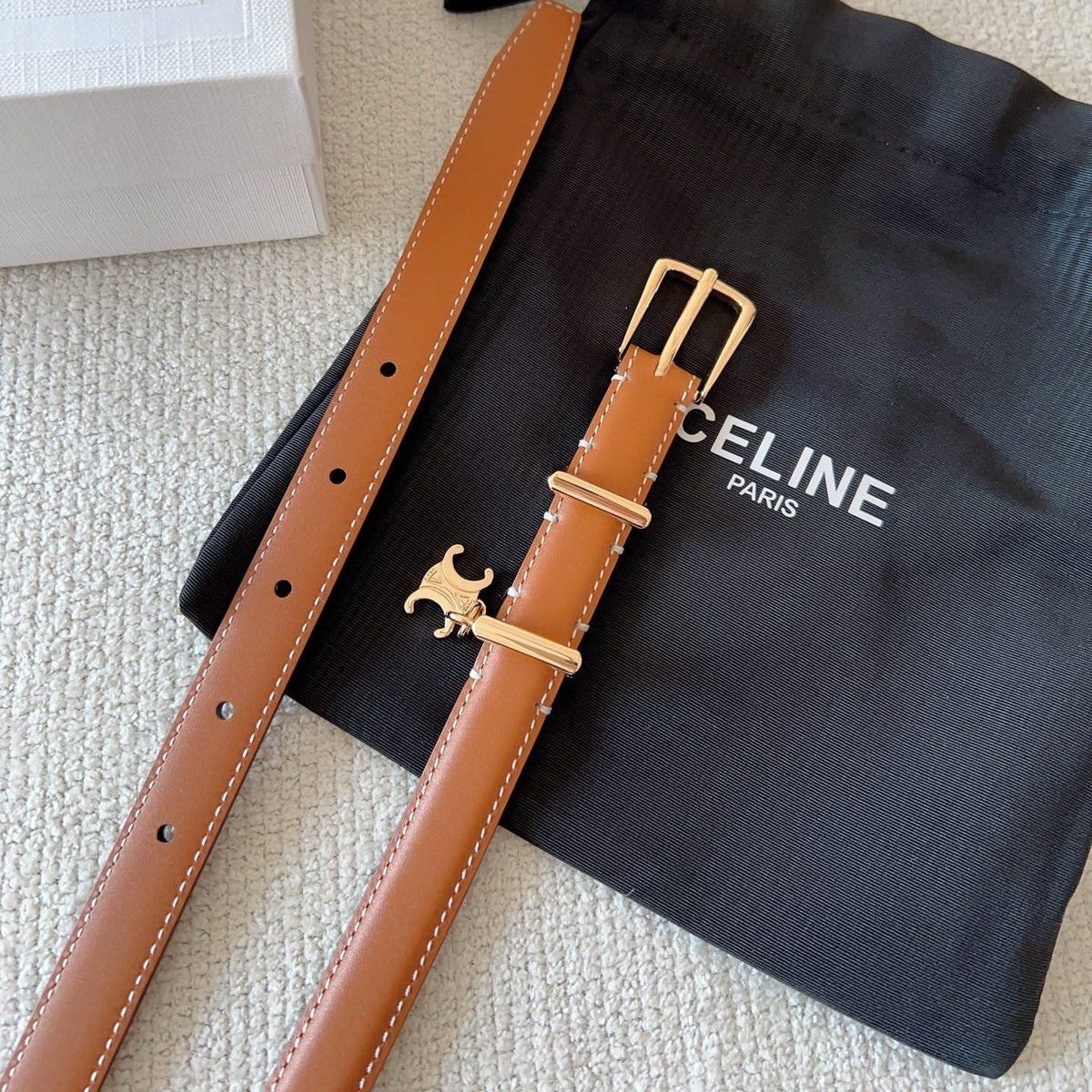 CELINE 25S BELT 18MM IN CARAMEL ELEGANT CHARM TAURILLON GOLD HARDWARE 585791