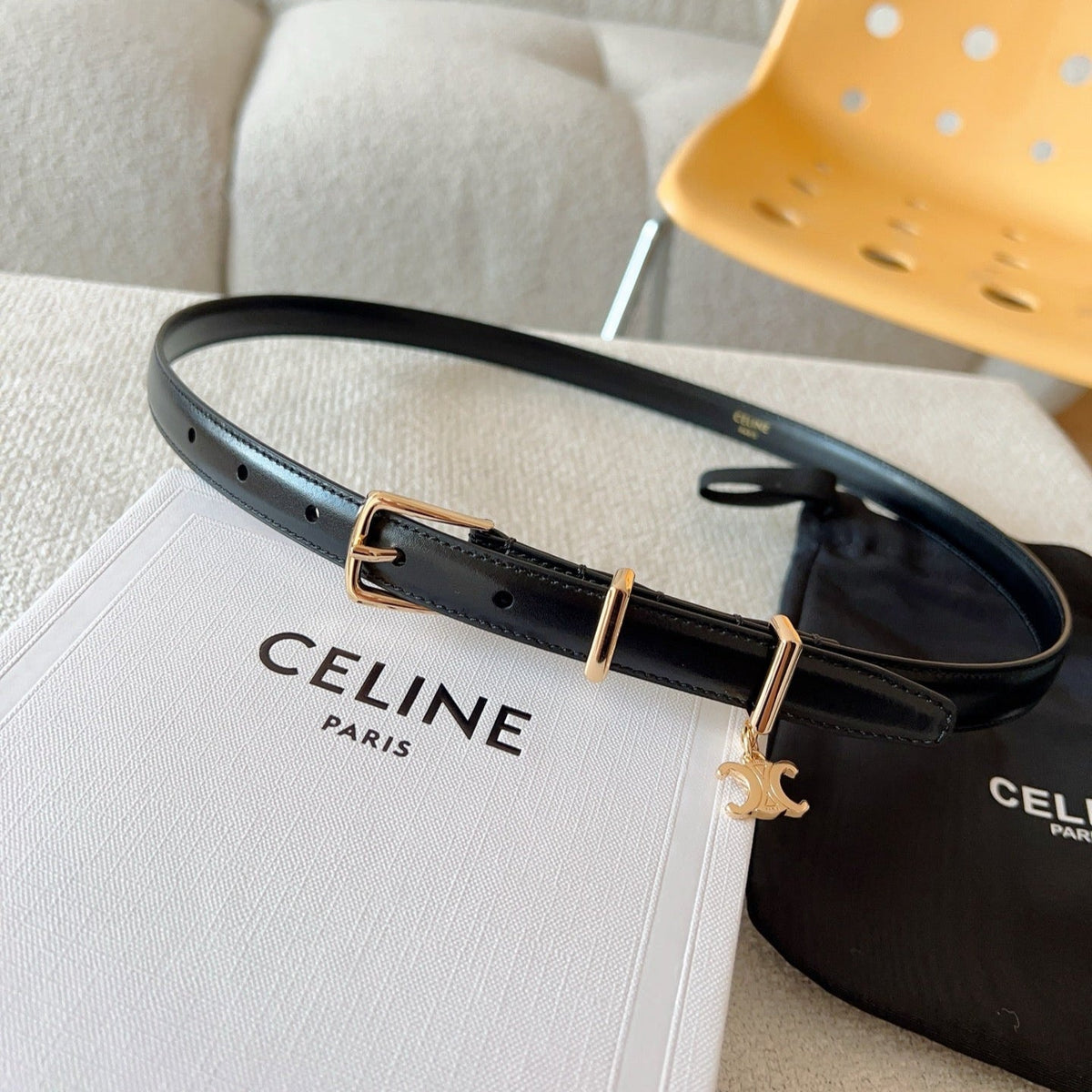 CELINE 25S BELT 18MM IN BLACK ELEGANT CHARM TAURILLON GOLD HARDWARE 585792
