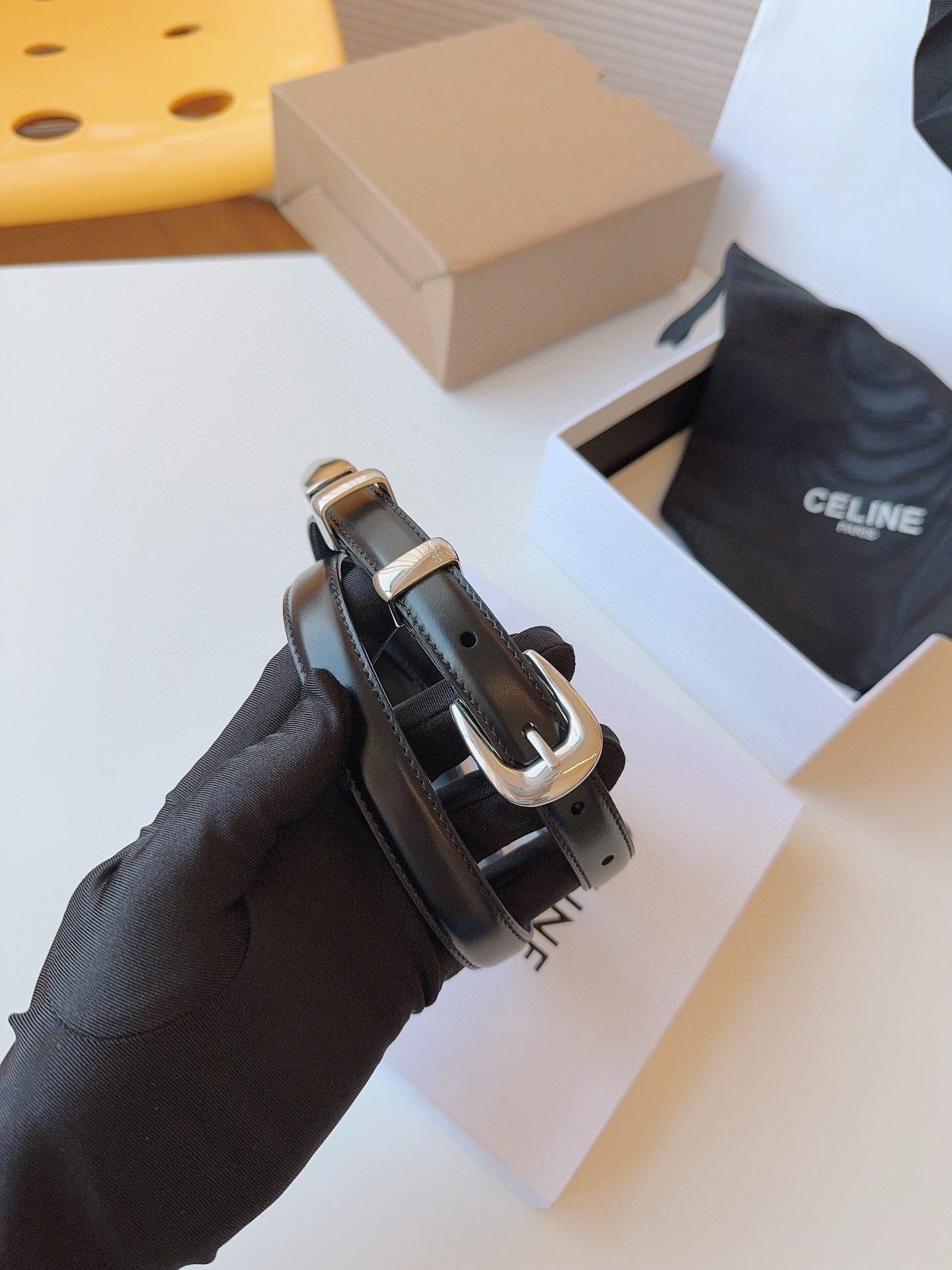 CELINE 25S SMALL 18MM WESTERN BELT IN BLACK CALFSKIN 566641