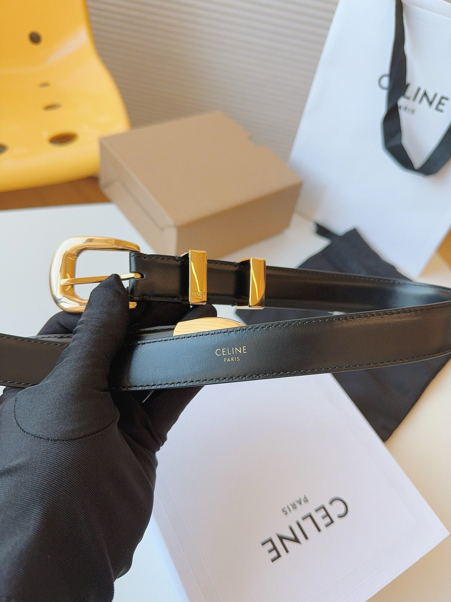 CELINE 25S SMALL 25MM WESTERN BELT IN BLACK CALFSKIN 566638