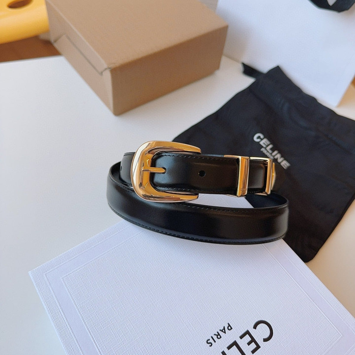 CELINE 25S SMALL 25MM WESTERN BELT IN BLACK CALFSKIN 566638