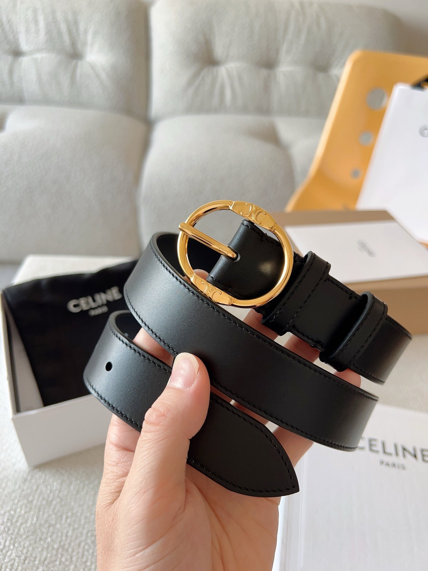 CELINE 25S SMALL 30MM WESTERN BELT IN BLACK CALFSKIN 566636