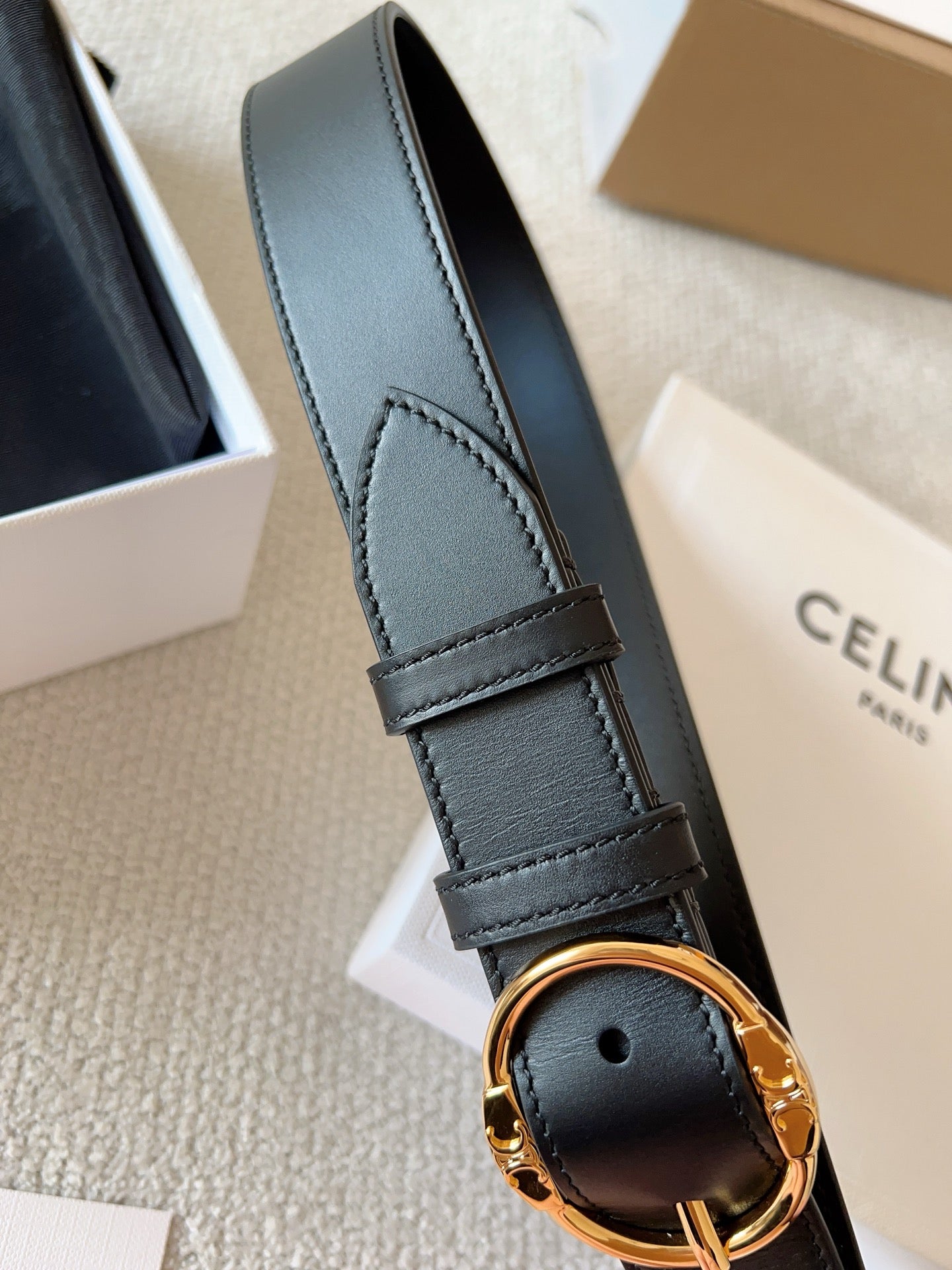 CELINE 25S SMALL 30MM WESTERN BELT IN BLACK CALFSKIN 566636