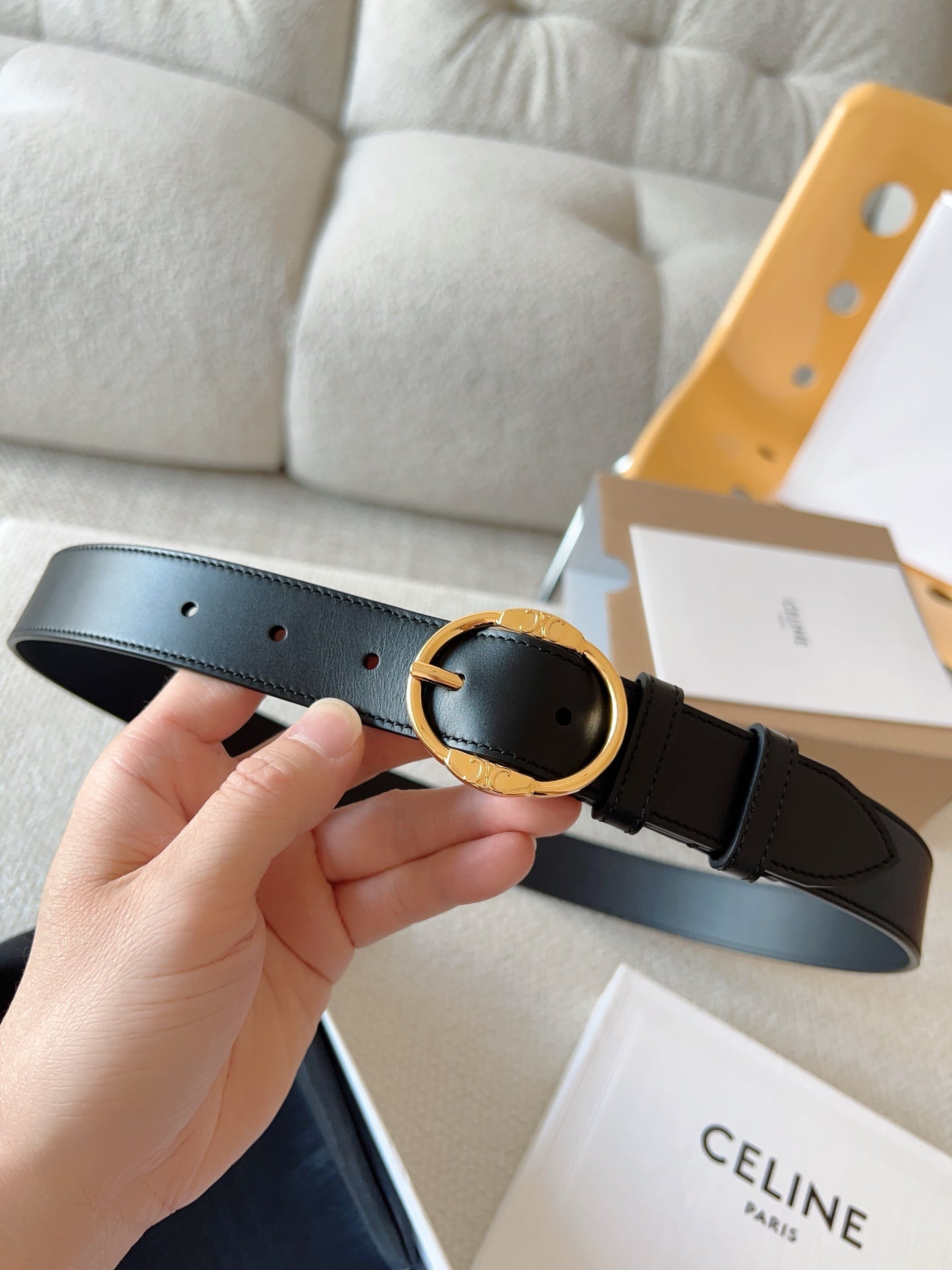 CELINE 25S SMALL 30MM WESTERN BELT IN BLACK CALFSKIN 566636