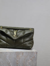 YSL 25S LOULOU PUFFER MM 29 IN DARK OLIVE CALFSKIN GOLD HARDWRE