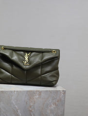 YSL 25S LOULOU PUFFER MM 29 IN DARK OLIVE CALFSKIN GOLD HARDWARE