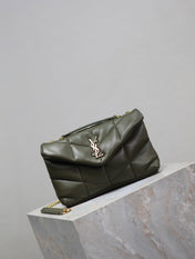YSL 25S LOULOU PUFFER MINI 23 IN DARK OLIVE CALFSKIN GOLD HARDWRE