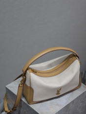 CAMERA SUPPLE BAG 28 IN WHITE CANVAS AND BROWN CALFSKIN TRIM