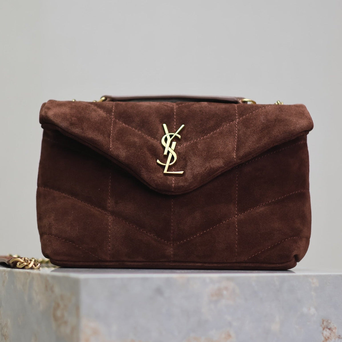 YSL 25S LOULOU PUFFER MINI 23 IN DARK BROWN SUEDE GOLD HARDWARE