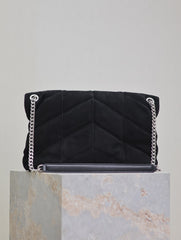 YSL 25S LOULOU PUFFER GM 35 IN BLACK SUEDE SILVER HARDWRE