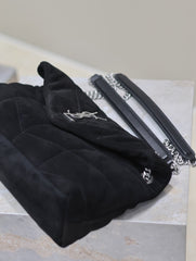 YSL 25S LOULOU PUFFER MM 29 IN BLACK SUEDE SILVER HARDWARE