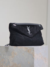 YSL 25S LOULOU PUFFER MM 29 IN BLACK SUEDE SILVER HARDWARE